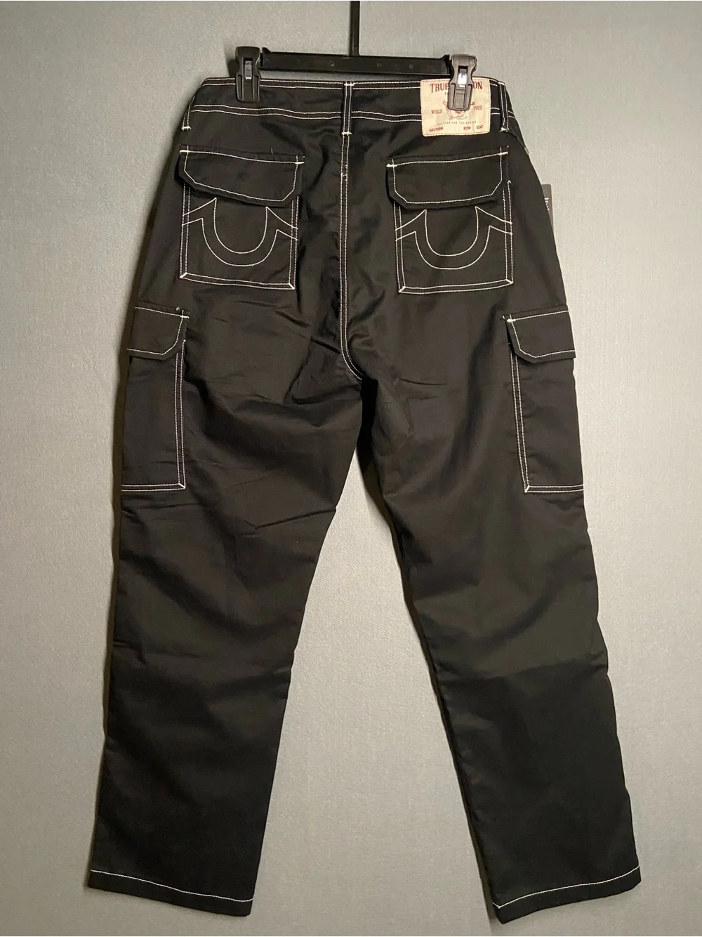 True Religion Men’s Black Cargo Pants with Contrast Stitching